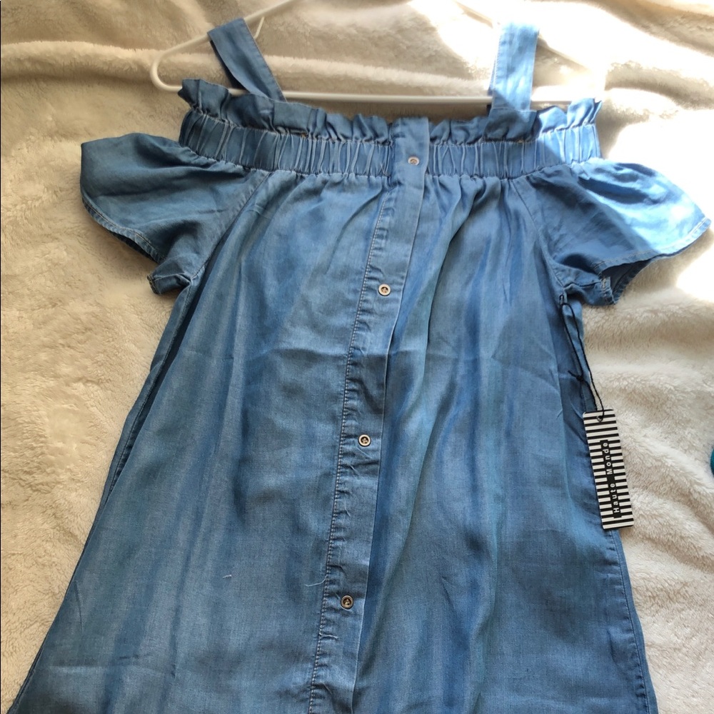 Off-the-shoulder button-up denim dress